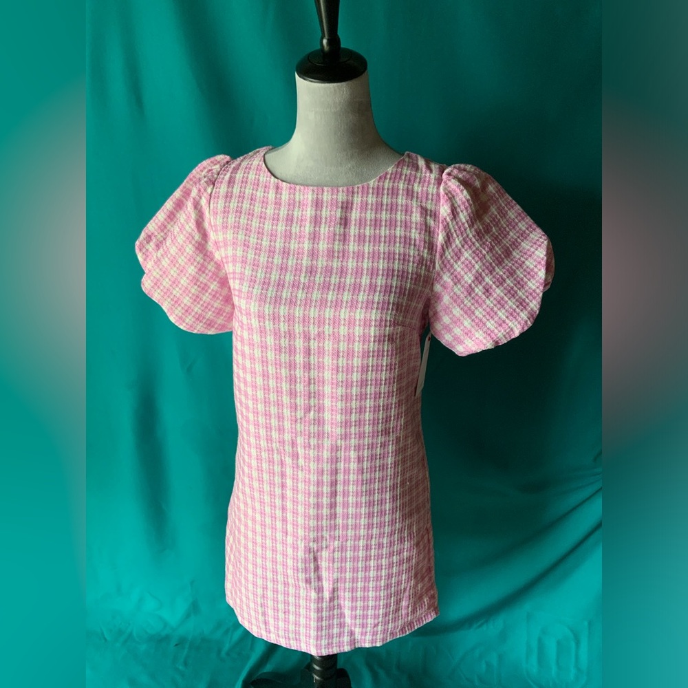 Shop red dress Aura Pink and White Gingham Dress with Puff Sleeves